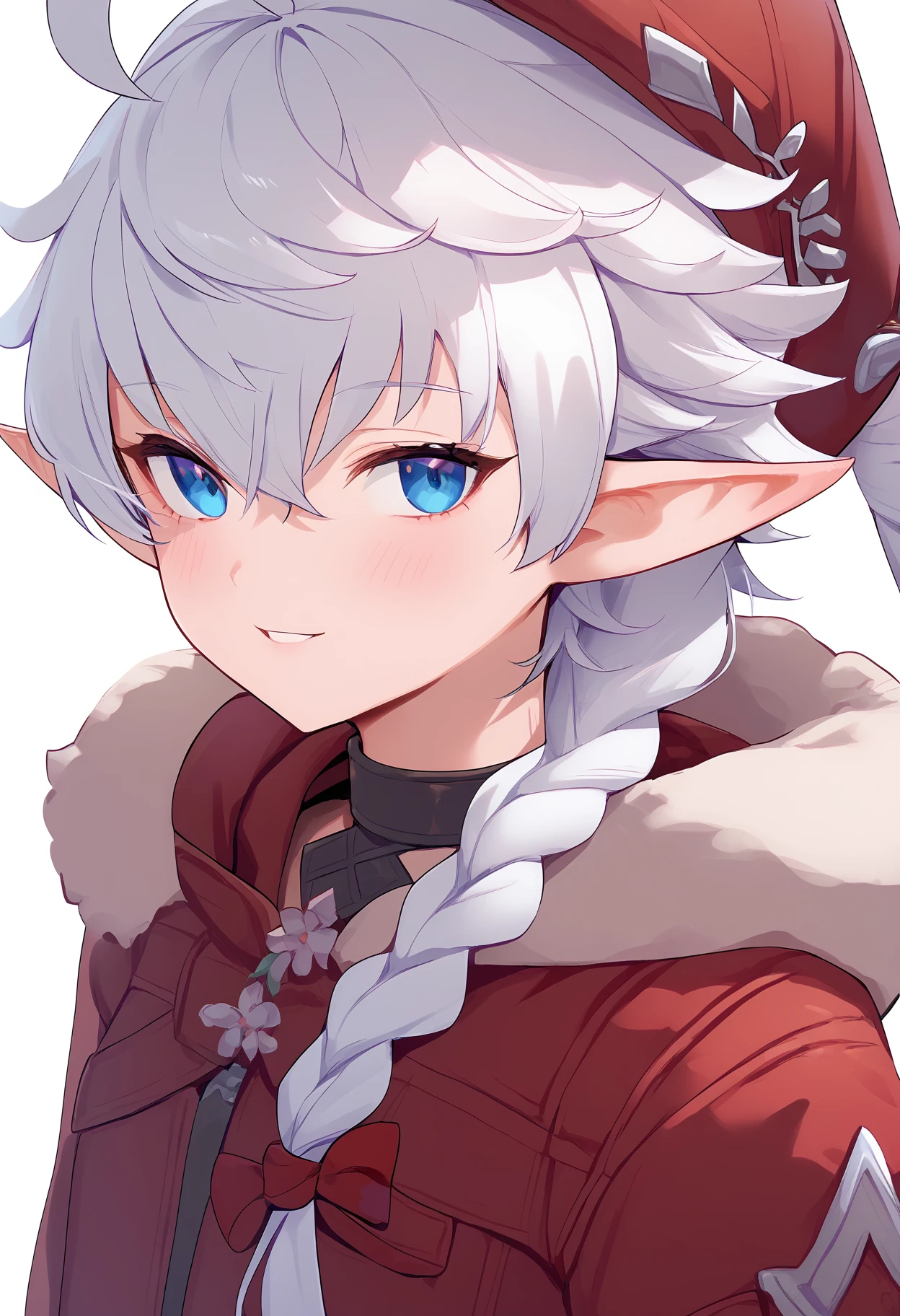 1girl,
alisaie leveilleur,
elezen, fur-trimmed hood, upper body, looking at viewer, blue eyes, white flower, smile, single braid, pointy ears, cropped torso, hood up, hair between eyes, braid, head tilt, jacket, fur-trimmed jacket, long hair, parted lips, simple background, hooded jacket, hair ribbon, flower, braided ponytail, red jacket, hood, long sleeves, fur trim, red ribbon, ahoge, elf, blush, white hair, ribbon, solo, white background,
score_9, sfw
<lora:pony_char_alisaie_leveilleur-000008:1>