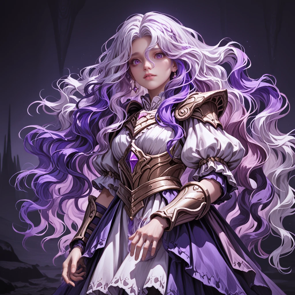 1girl,solo,<lora:St Trina:1>,close-up,st. trina,armor,white hair,purple hair,multicolored hair,wavy hair,white eyelashes,purple eyes,scared,
looking at viewer,standing,cave,, score_9, score_8_up, score_7_up,masterpiece, best quality, very aesthetic, absurdres,