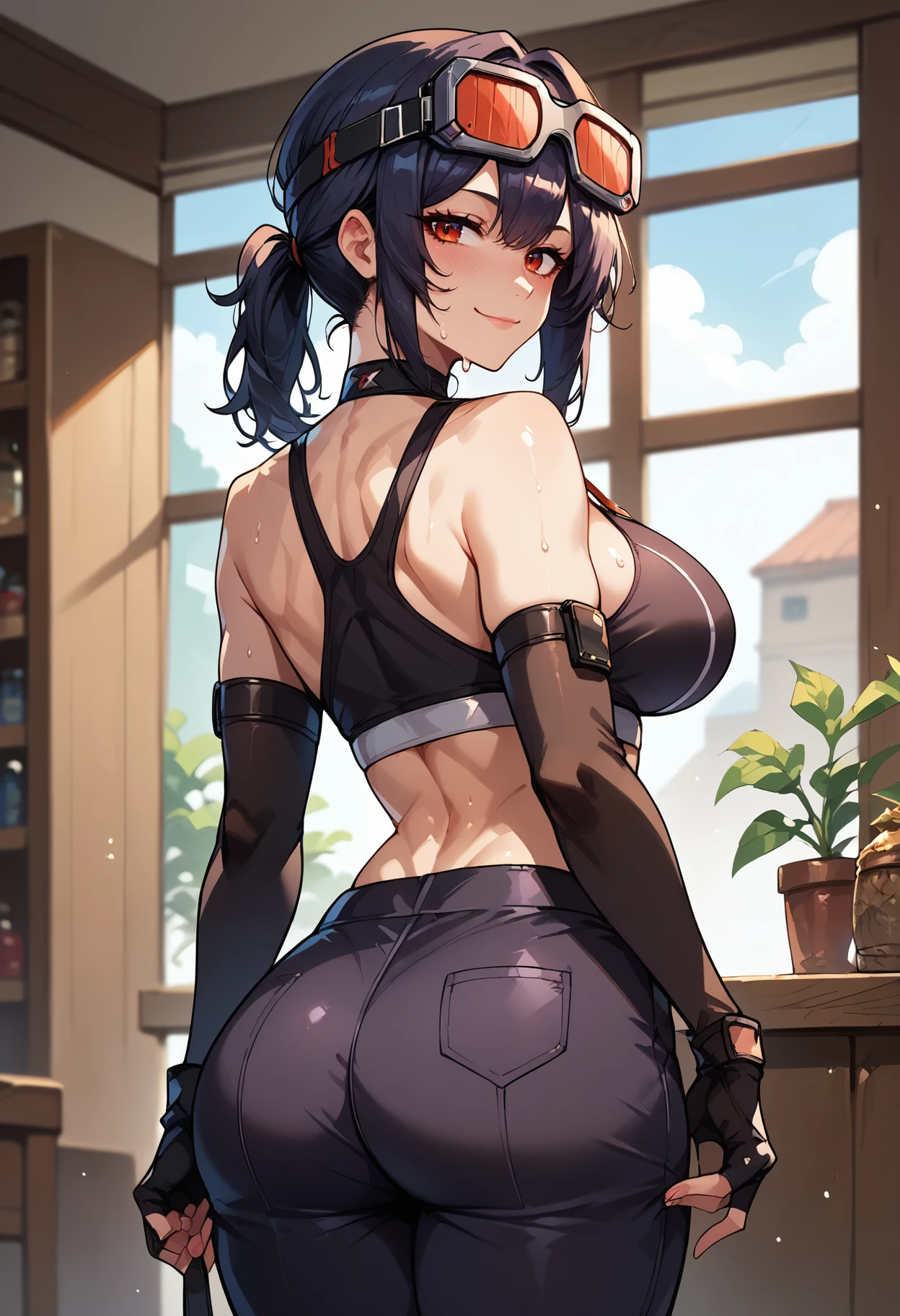 high definition, 8K, detailed face, ((big ass)) grabbing her ass, showing her ass, bending over, Komi Shuuko, ((Deep purple eyes)), ((black lingerie)), spa, ((large breasts)), slim and thin, body of equal proportions, ((focus on her ass)), back view, four fingers and 1 thumb, ((2 hands)), Purple short hair, Beautiful smile, Smiling at viewer, blushing cheeks,