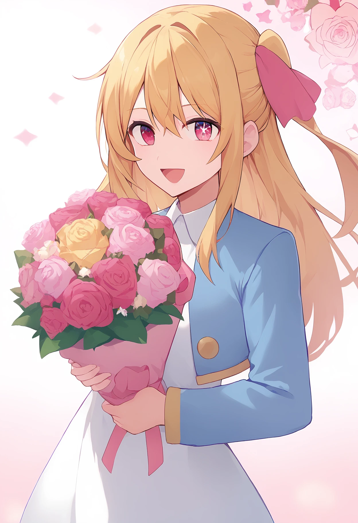 hoshino ruby,
star-shaped pupils, sidelocks, pink eyes, jacket, ribbon, smile, pink flower, floral background, long hair, pink background, pink ribbon, parted bangs, one side up, open mouth, white dress, :d, white jacket, pink rose, holding, white background, star-shaped pupils, gradient background, rose, symbol-shaped pupils, bouquet, star \(symbol\), hair between eyes, flower, dress, blonde hair, looking at viewer, holding bouquet, blue jacket, cropped jacket,
score_9, sfw
<lora:pony_char_hoshino_ruby:1>