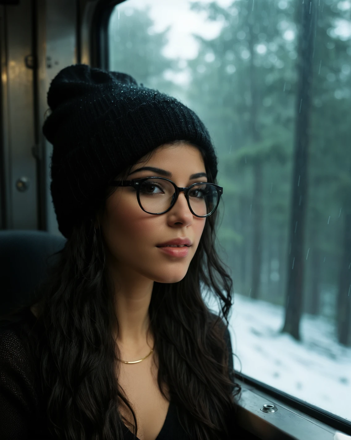 <lora:Ambre_Vourvahis_XL:1> ambre_vourvahis_xl, 1Female. Age is early 20s. Train window seat. Quietly relaxing. Black Glasses. Knit hat. Wearing V-neck tank top and thermal leggings. Warm blanket. Head leaning against the window. Calm and peaceful expression. Dim and cold weather, very cloudy sky, raining, condensation or dew on the window, forest background. rich in detail, sense of tranquility and coldness, overcast sky, cozy and comfortable atmosphere, soft lighting. 35mm photograph, film, bokeh, professional, highly detailed dynamic lighting, photorealistic, 8k, raw, rich, intricate details, key visual, vivid colors.