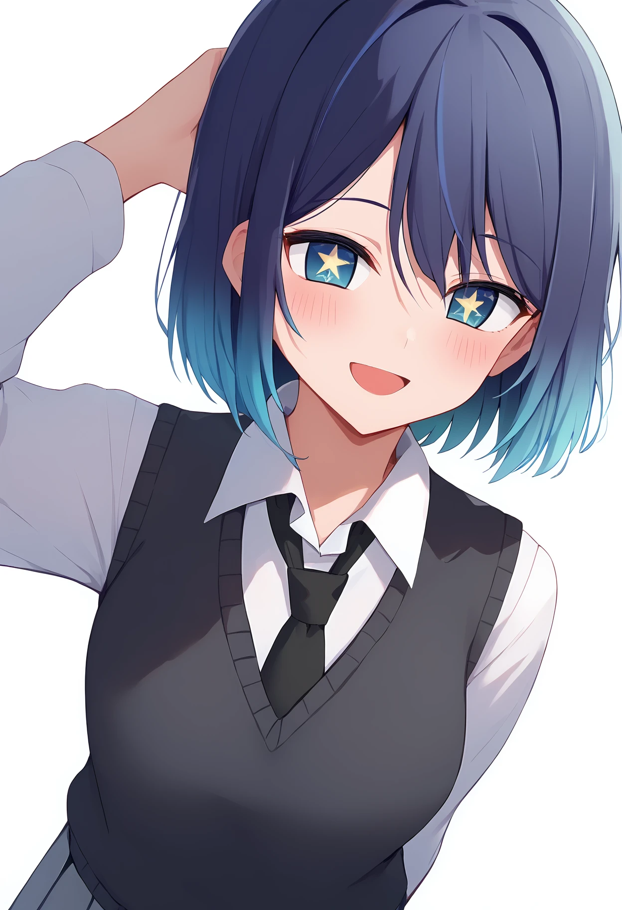 1girl,
kurokawa akane,
looking at viewer, short hair, simple background, hand up, cowboy shot, blush, shirt, multicolored hair, skirt, sweater vest, necktie, blue hair, star \(symbol\), black necktie, sweater, collared shirt, star-shaped pupils, arm behind back, white shirt, grey skirt, blue eyes, parted bangs, symbol-shaped pupils, hair between eyes, solo, hand to head, :d, standing, smile, pleated skirt, open mouth, black sweater, white background, gradient hair,
score_9, sfw
<lora:pony_char_kurokawa_akane-000010:1>