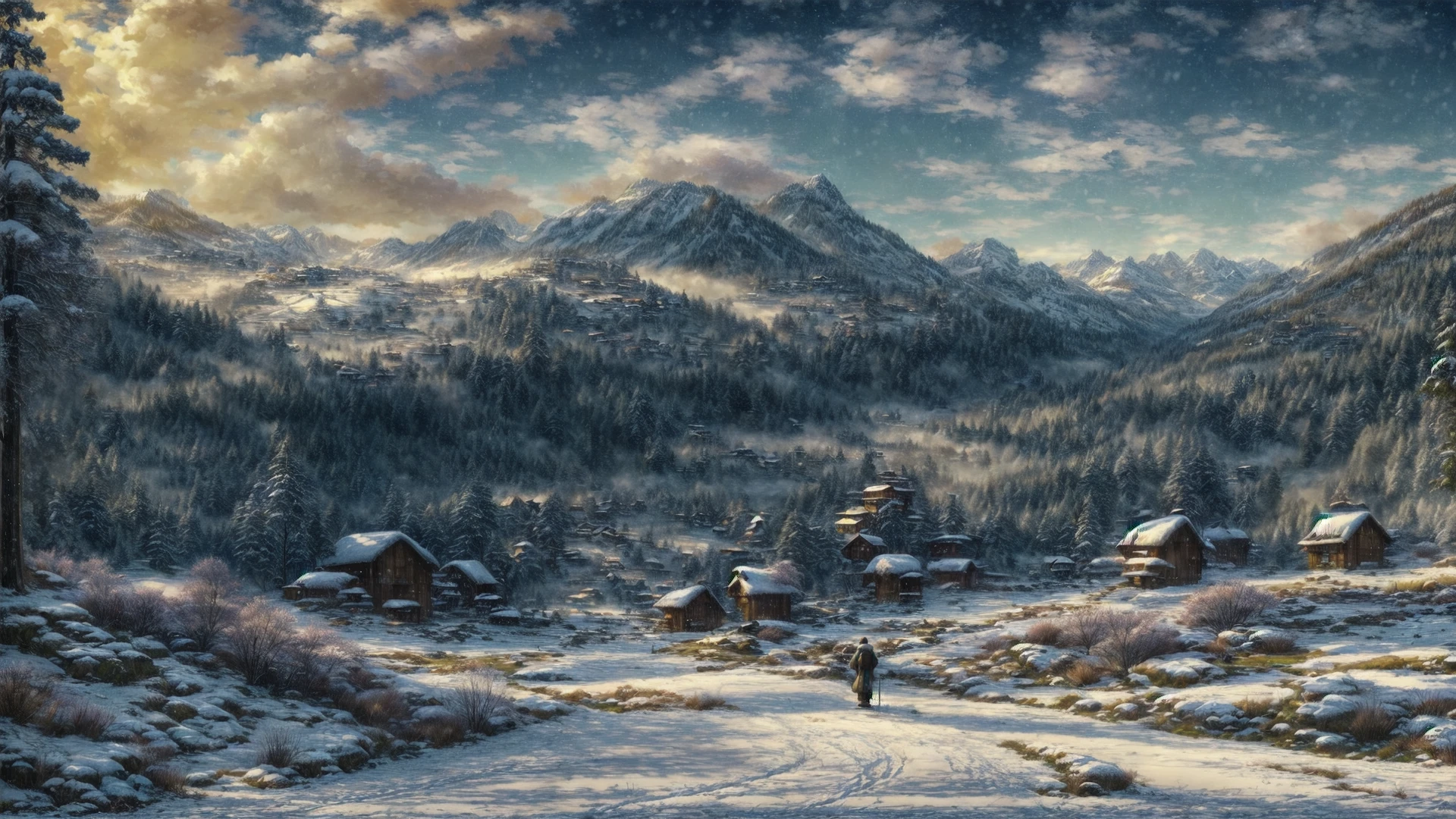 Role-playing game (RPG) style fantasy (an outdoor landscape shot of snow-covered hills: 1.1), (in a winter setting: 1.1), (in a visual novel style: 1.1), no humans, <lora:fantasybgv1_1:0.8>, fantasybg, very detailed, <lora:more_details:0.6>, high quality, highres, masterpiece, best quality, 8k, intricate, detailed, <lora:add_detail:0.6> . Detailed, vibrant, immersive, reminiscent of high fantasy RPG games