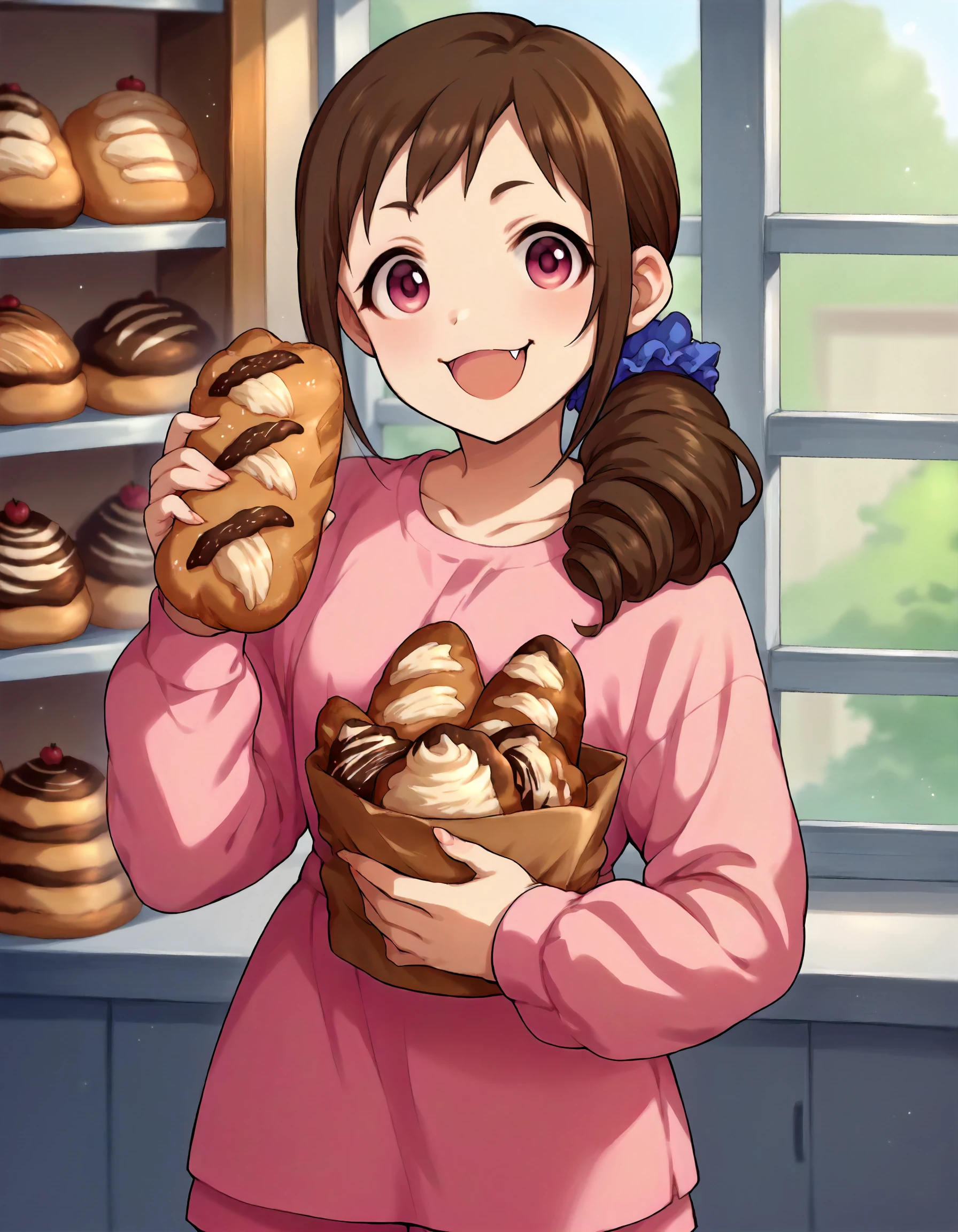 score_9,score_8_up,score_7_up,1girl,solo,cowboy shot,looking at viewer,smile,open mouth,bakery,holding baguette,
<lora:ooharamichiru_ponyXLV6:0.8>,cgom,brown hair,drill hair,hair scrunchie,pink eyes,fang