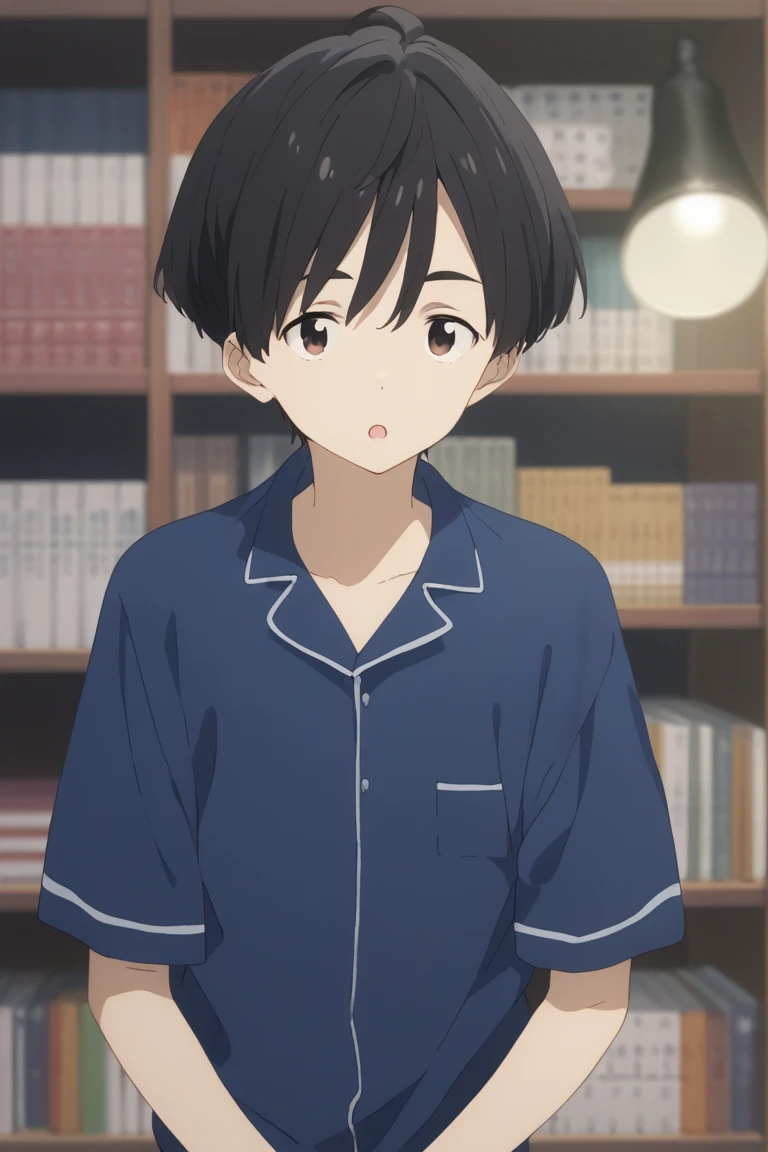 score_9, score_8_up, score_7_up, score_6_up, detailed, intricate details,best quality ,source_anime, cowboy shot, male focus
kazuhiko nukumizu, black hair, brown eyes, 1boy, male focus, bookshelf, solo, open mouth, pajamas, book, indoors, upper body, blue shirt, shirt, lamp<lora:EMS-425199-EMS:1.000000>