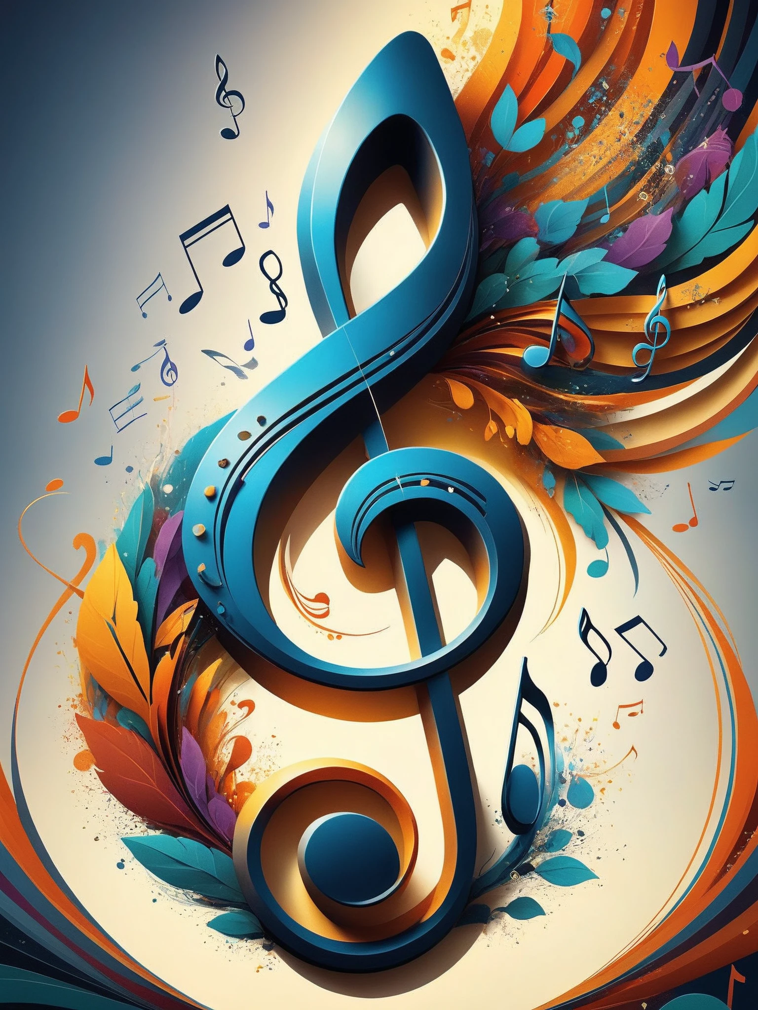 A captivating and artistic digital illustration of a treble clef, surrounded by a symphony of intricately designed musical notes. The treble clef sits prominently in the center, while swirling notes gracefully dance around it, creating a sense of movement and harmony. The notes are rendered in vibrant colors, with a clever blend of traditional music notation and abstract, modern design elements. The overall composition exudes a dynamic and rhythmic energy, making it a visually stunning representation of the world of music.

epic action, Unreal Engine, cinematic award winning artwork, many details, extreme detailed, full of details,Wide range of colors., dramatic, Dynamic,Cinematic,Sharp details, Insane quality. Insane resolution. Insane details. Masterpiece. 32k resolution. casting shadow style, cucoloris patterned illumination,  dvr-lnds-sdxl, ral-dissolve, ral-ertmsphr, ral-porcelain, ral-pxlprtcl, Niji, aidma-niji