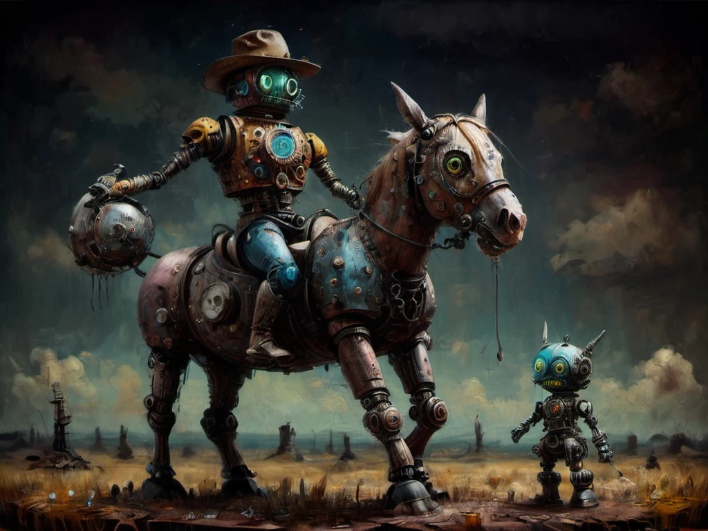 High quality macro photo of a retro cowboy robot, Riding a horse on the prairie, full body, (cowboy hat), hyper realistic, super detailed, Science Fiction, circuits, circuit, transistors, wires, trending on art station, kawaii, <lora:drkkaw-V2_epoch_5:1>