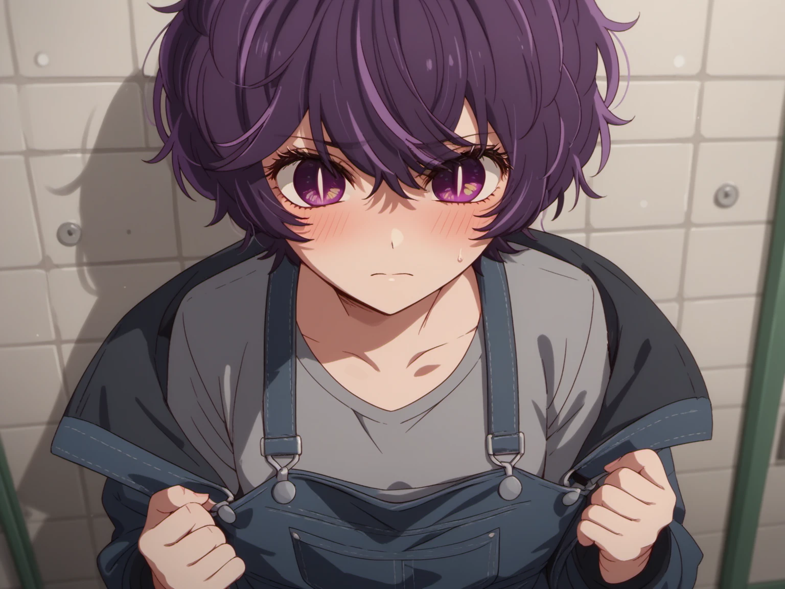 abikosamejima, 1girl, short hair, purple hair, purple eyes, messy hair, solo, looking at viewer, streaked hair,   petite, <lora:AbikoSamejima-e10:0.9>, score_10, score_9_up, score_8_up, blush, shy, overalls, shirt, grey shirt, black long jacket