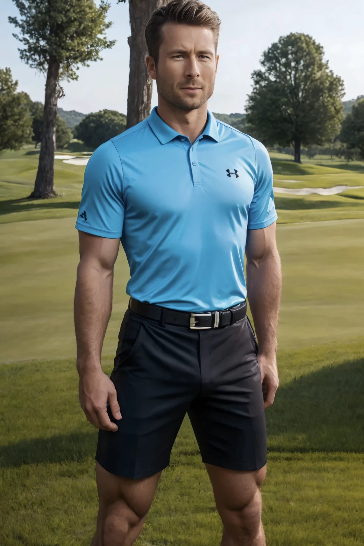 Glen Powell wearing a tight sky blue polo shirt, ((wearing a tight sky blue under armour golf polo shirt:1.2)), ((sky blue golf polo shirt sleeves tight around his biceps:1.3)), (he is wearing a sky blue shirt), ((wearing tight black shorts with black belt with a silver buckle:1.2)), ((Glen Powell is standing on golf course:1.3)), (golf course background:1.3), blue sky, green grass, male focus, ((upper body body image:1.2)), dramatic lighting, muscular body, looking at the viewer, green eyes, short brown hair, confident, wide angle, solo, 1boy, male focus, 