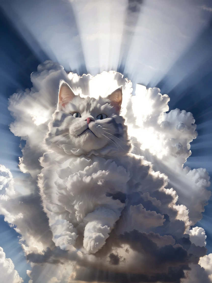 <lora:cloudsXL:1> cat made of clouds, cloud, sky, day, light rays,