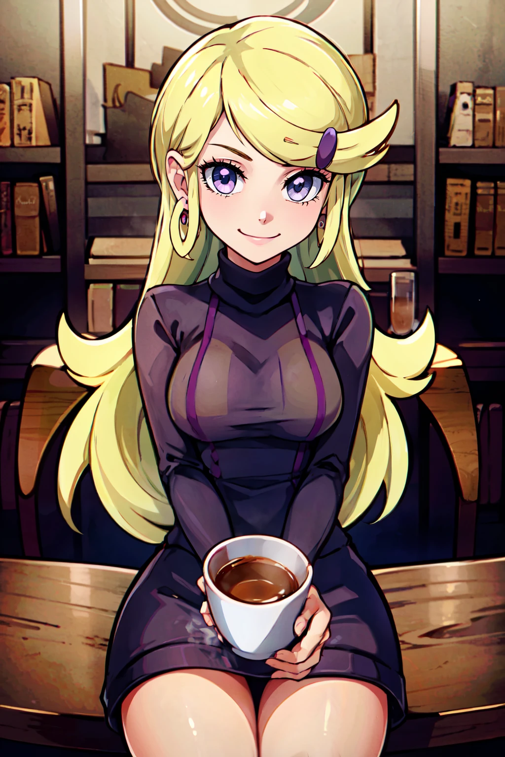 ((masterpiece,best quality)), absurdres,  BREAK,, <lora:Ace_Trainer_Pokemon_XY:0.7>, ace trainer (pokemon), swept bangs, blonde hair, purple eyes, , BREAK, turtleneck sweater, earrings, library, cup of coffee, sitting at table, BREAK, solo, smile, looking at viewer, cowboy shot,