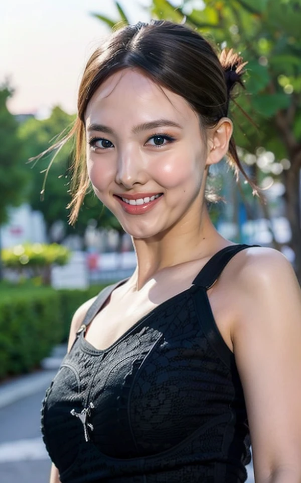 <lora:Nayeon_V2:1> N@ye0n,, (realistic), (hyperrealism), (photorealistic:1.4), 1girl, looking at the viewer, eye makeup, detailed eyes, detailed face, (upper body:1.2), detailed background, black dress, walking at the streets, sunset, (windy:1.2)