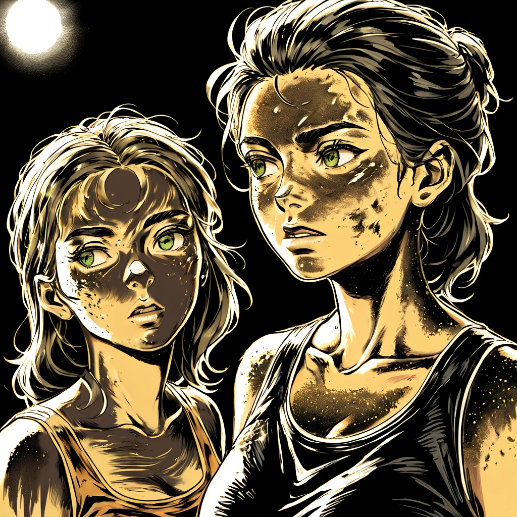 <lora:hands_of_midas_SDXL:0.5>, two women with sunburnts on their faces are looking at something in the distance with a black background