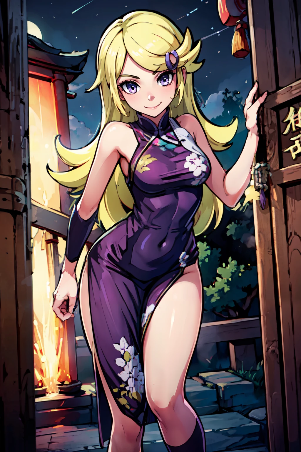 ((masterpiece,best quality)), absurdres,  BREAK,, <lora:Ace_Trainer_Pokemon_XY:0.7>, ace trainer (pokemon), swept bangs, blonde hair, purple eyes, , BREAK,  china dress, pelvic curtain, side slit, sleeveless, print dress, covered navel, no panties, outdoors, night, torii, shrine, east asian architecture, leaning forward, hand on own thigh, from above,, BREAK, solo, smile, looking at viewer, cowboy shot,