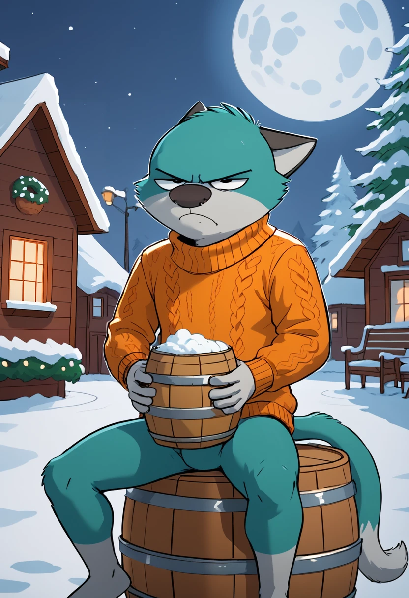 score_9, score_8_up, score_8,   <lora:Robert_Hunter_aka_Sheen_Bedfellows_for_PonyXL:0.8> 1boy, sh33n, tail,  furry male,  grumpy,  sitting on barrel, snow, outdoors, night, full moon,  sweater