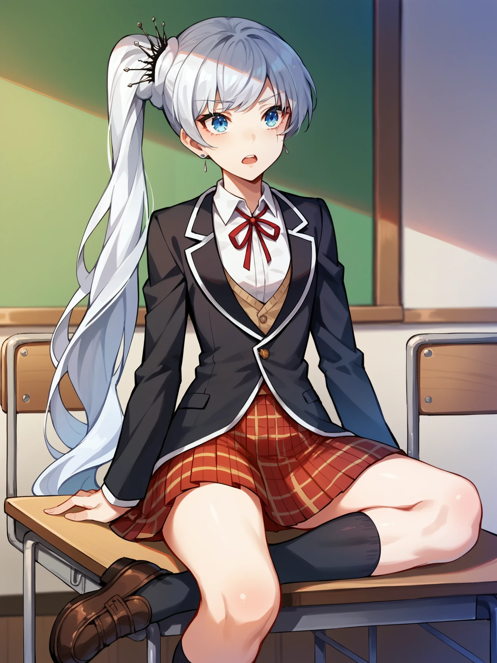 A relaxed facial expression with a slightly open mouth, WeissSchnee, 1girl, solo, white hair, blue eyes, long hair, side ponytail, scar across eye, score_9, score_8_up, score_7_up, source_anime, Masterpiece, indoors, WeissSchoolUniform, black jacket, school uniform, plaid skirt, shoes, socks