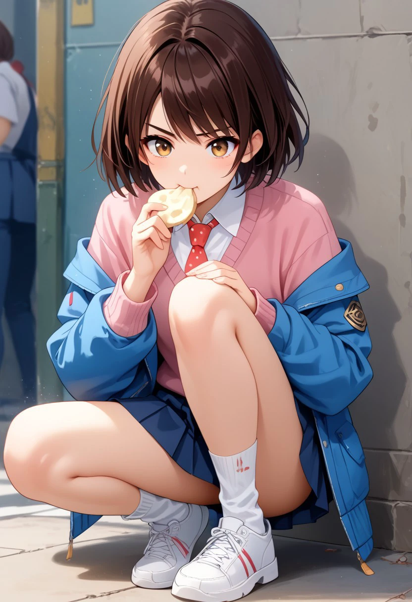 Action Scene, Action Pose, score_9, score_8_up, score_7_up, source_anime, masterpiece, best quality, highly detailed, Expressiveh, flushed, Leg, 
1girl, hinase hotaru, (/A Condition Called Love)/, (ultra HD quality details), dark brown hair, short hair, (brown eyes)
shirt, collared shirt, white shirt, jacket, blue jacket, skirt, gray, skirt, pleated skirt, red necktie with white polka dot, sweater, pink sweater, socks, navy socks, white sneakers, eating steamed buns,