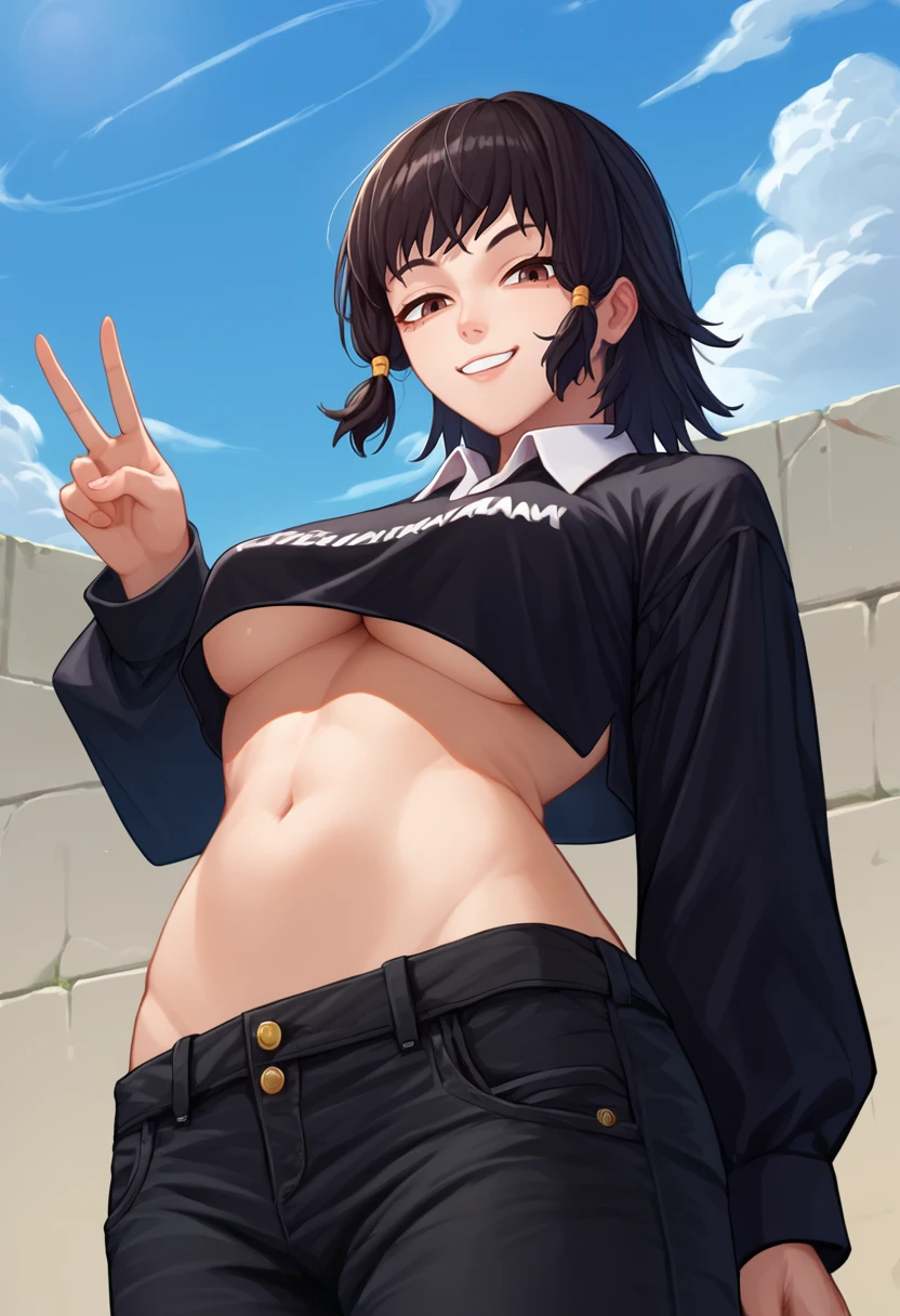 score_9, score_8_up, score_7_up, source_anime, from below, solo, 1girl, mifune fumiko, smile, looking at viewer, standing, peace sign, hair tubes, black shirt, collared shirt, cropped shirt, crop top overhang, clothes writing, underboob, long sleeves, black pants, midriff, blue sky, cloud, outdoors <lora:csm_mifune_ponyXL:1>