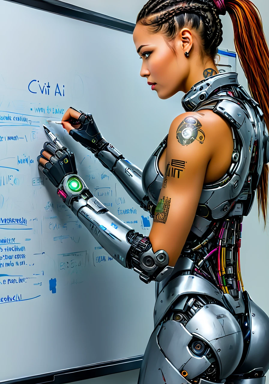 a photo of a cyborg woman writing on a whiteboard, ((text "Civit AI")), subteachsdxl, best quality, masterpiece <lora:subteachsdxl:0.8>, 2.5d, detailed, vibrant color, looking back, cybernetics, <lora:excybertechsdxl:0.7>, excybertechsdxl