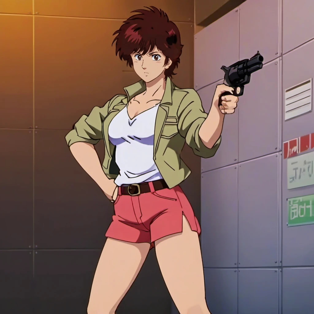 anime artwork full length body portrait of 1girl with brown pixie haircut, breast, cleavage, 80s clothing, aims a gun  <lora:KaoriMakimura1024:0.8> . anime style, key visual, vibrant, studio anime,  highly detailed