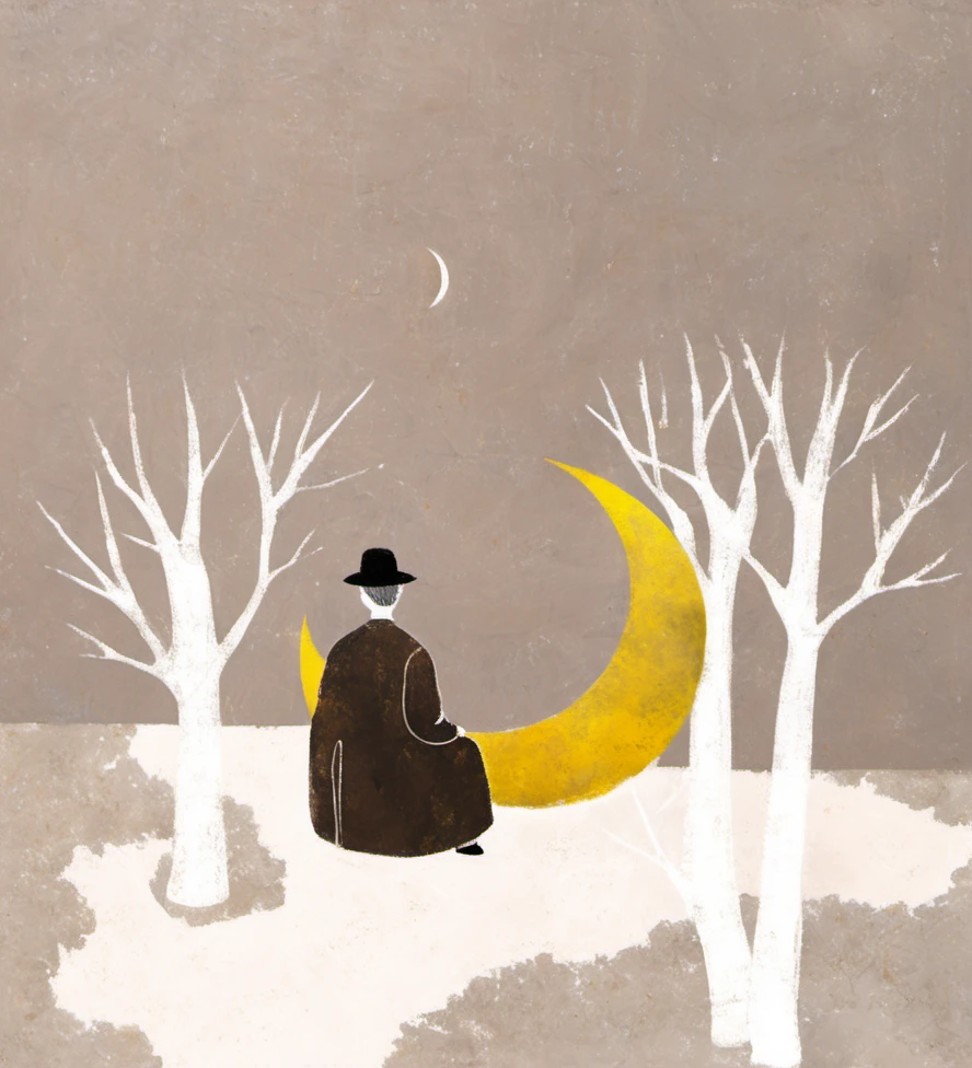abstract art, surrealism, person seated, crescent moon, white trees, nature, minimalist, muted color palette, simplistic design, artistic illustration, whimsical, imaginary setting, solitude, dreamlike, foliage, hat, long coat, shadowy figure, solitary figure, minimal details, texture, fantasy, fantasy elements, contemplative mood, imaginative, poetic, pastel backdrop,<lora:æ²»æ-000006:1>,