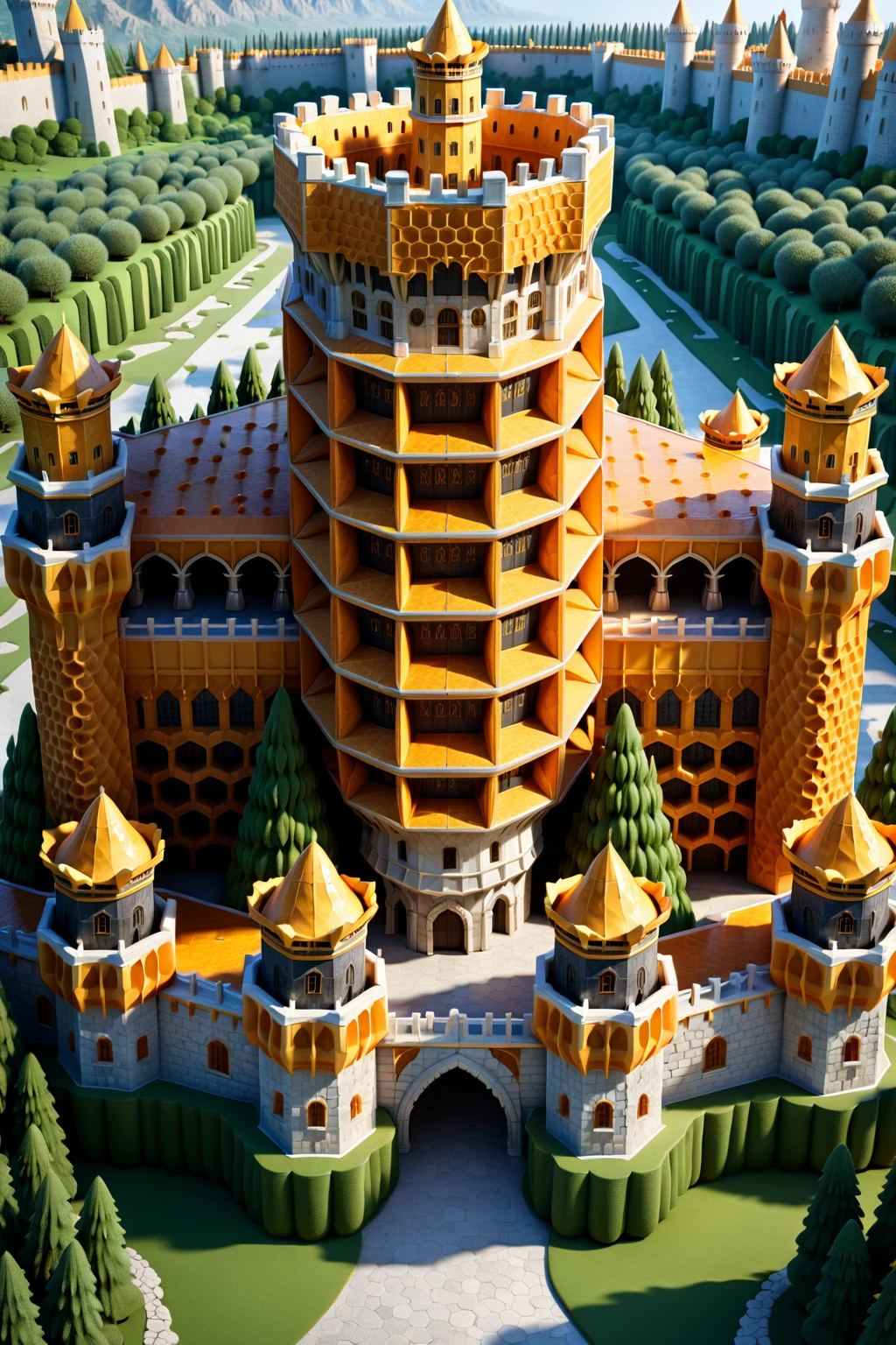 hyper realistic, medieval castle made of honeycomb, honeycomb towers, honeycomb trees