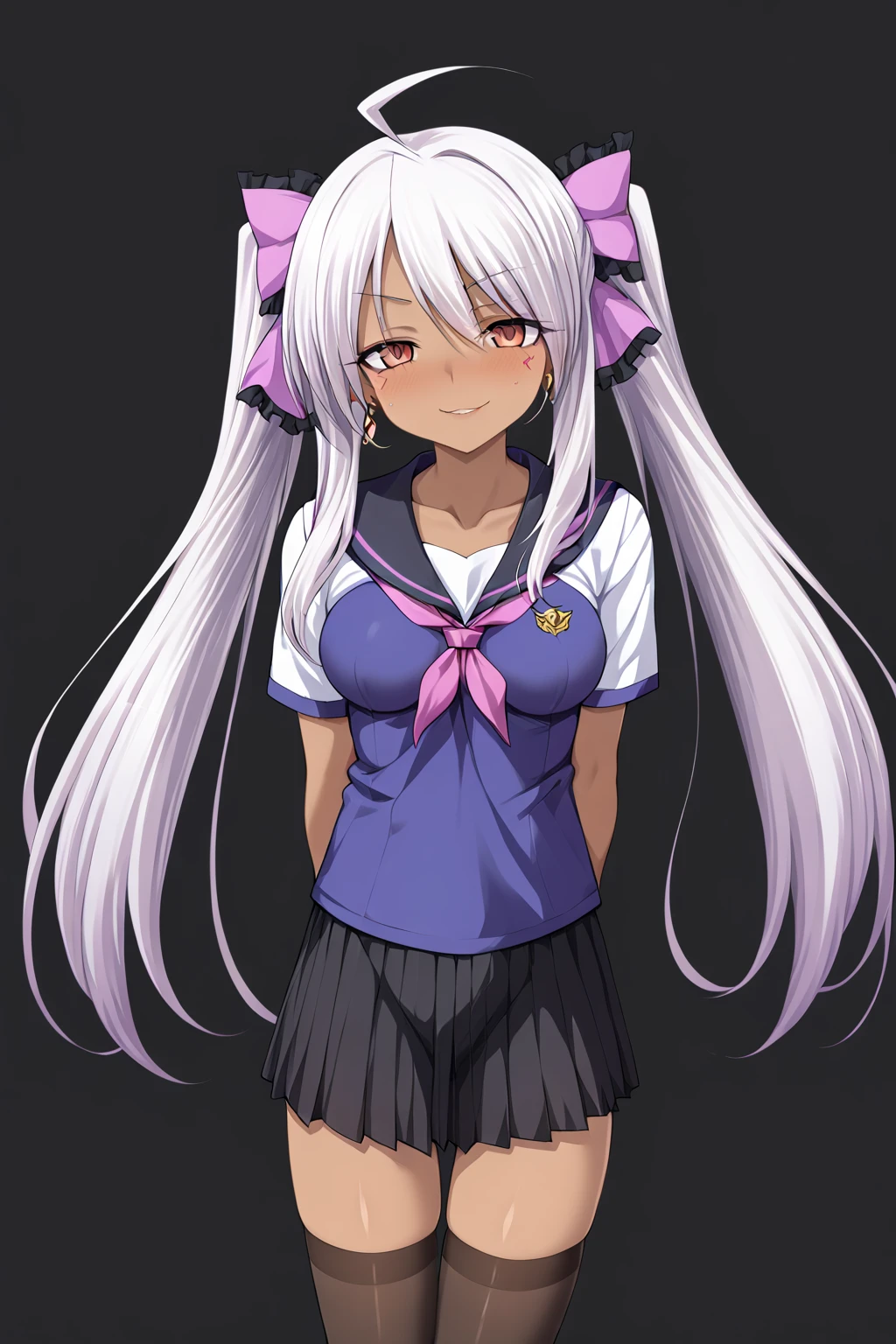 (((masterpiece))),((best quality)),1girl,solo,earrings,looking at viewer,arms behind back,medium breasts,black thighhighs,white background,dark skin,light_purple_hair,smirk,long hair,<lora:Quan_XL:0.2>,twintails,sailor_shirt,<lora:add-detail-xl:1>,incredibly absurdres,<lora:wy2-000010:1>,