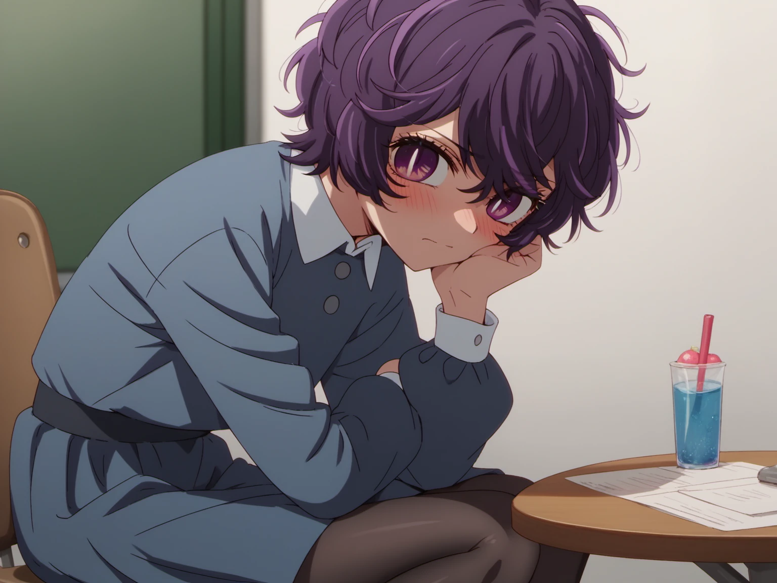 abikosamejima, 1girl, short hair, purple hair, purple eyes, messy hair, solo, looking at viewer, streaked hair,   petite, <lora:AbikoSamejima-e10:0.9>, black pantyhose, score_10, score_9_up, score_8_up, blush, shy, blue dress, collared dress, long sleeves,