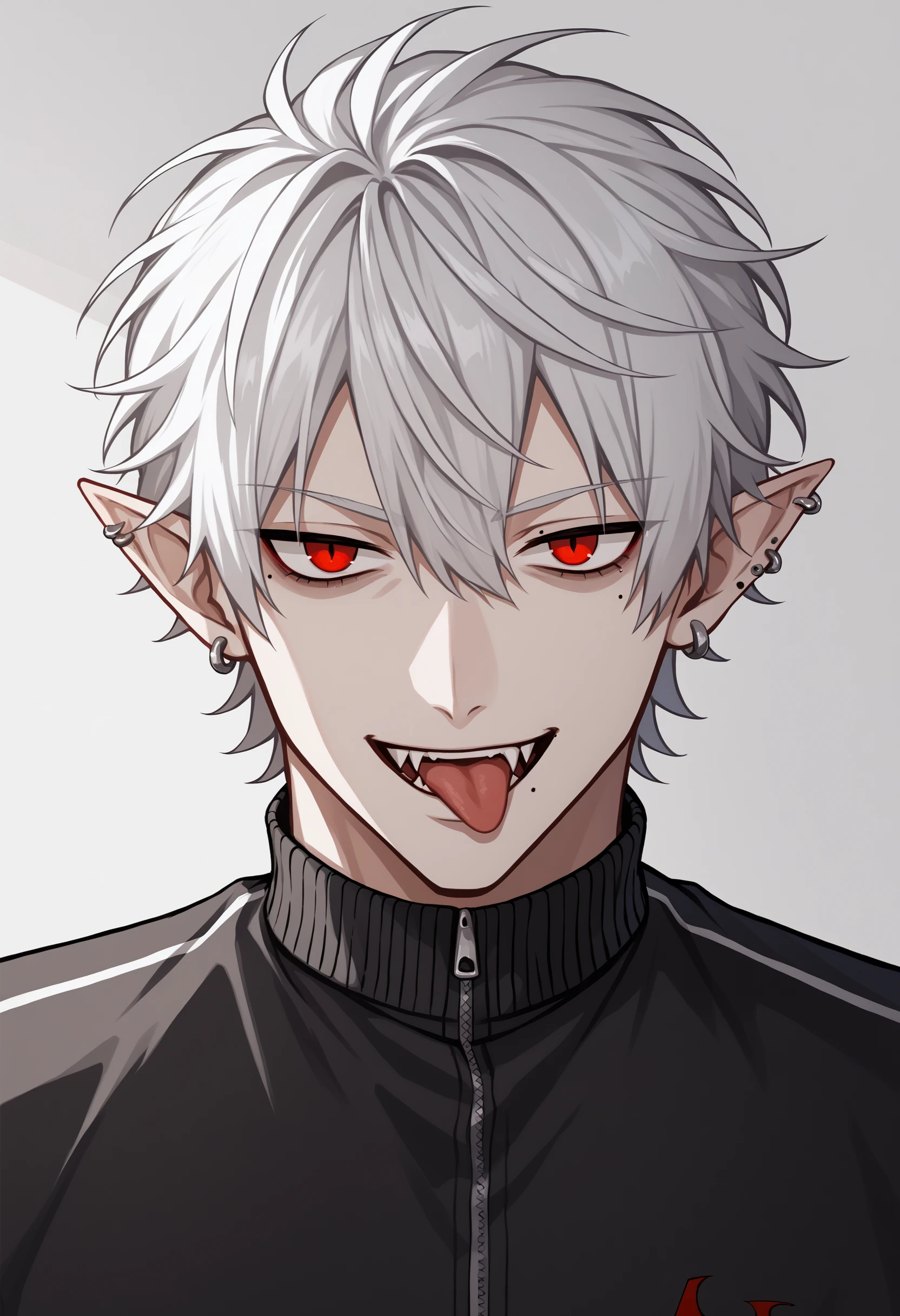 score_9, score_8_up, score_7_up, source_anime, k01, 1boy, red eyes, white hair, hair between eyes, pointy ears, earrings, piercing, mole, mole under eye, fangs, fingernails, sharp fingernails, jacket, black jacket, track jacket, tongue out, smile, cowboy shot<lora:KuzuhaXL-13:1>