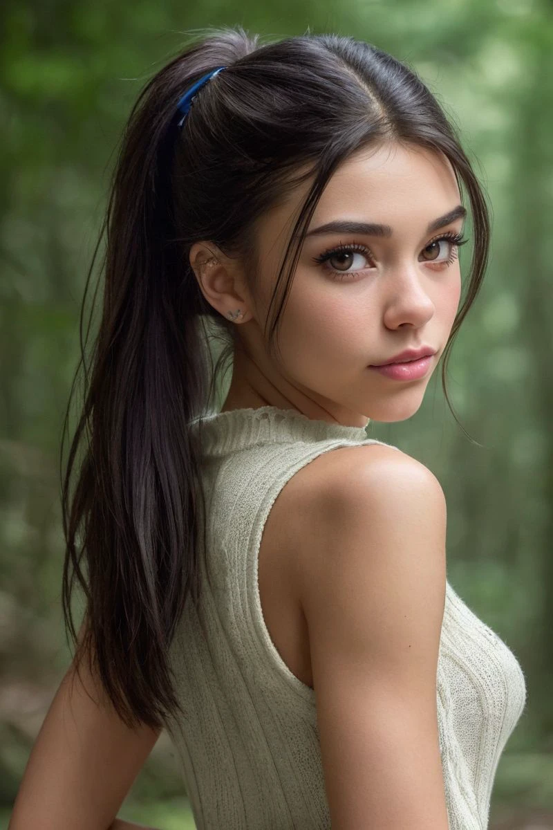 portrait of S472_RachelBrockman,a gorgeous woman,in a (forest:1.1),wearing a (sweater),(ponytail),(4k, RAW photo, best quality, 50mm, depth of field, ultra high res:1.1),(intricate, photorealistic, cinematic-shot, masterpiece, ultra-detailed:1.1),