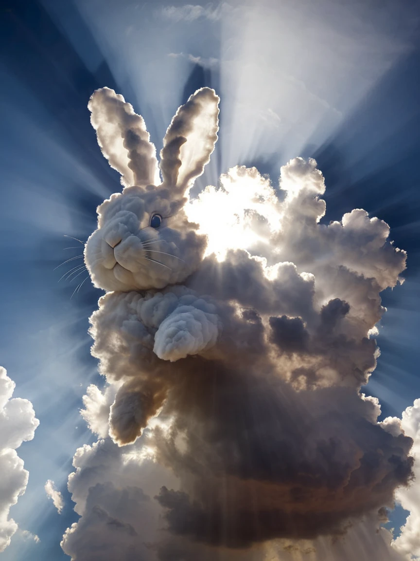 <lora:cloudsXL:1> rabbit made of clouds, cloud, sky, day, light rays,