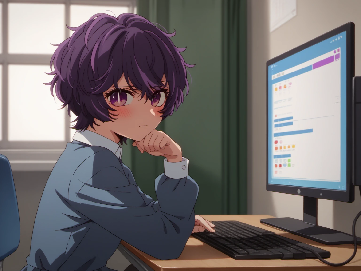 abikosamejima, 1girl, short hair, purple hair, purple eyes, messy hair, solo, looking at viewer, streaked hair,   petite, <lora:AbikoSamejima-e10:0.9>, score_10, score_9_up, score_8_up, blush, shy, collared dress,  blue dress, long sleeves, sitting at computer desk, from side