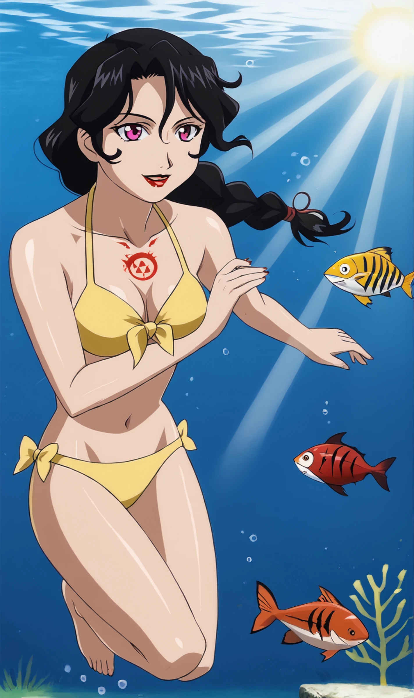 Lust, 1girl, solo, black hair, braided ponytail, pink eyes, lipstick, chest tattoo, underwater, happy, bow-tied yellow bikini, swimming, sun rays, fish, ocean, bubbles, floating,  <lora:Lust Pony XL:0.7>