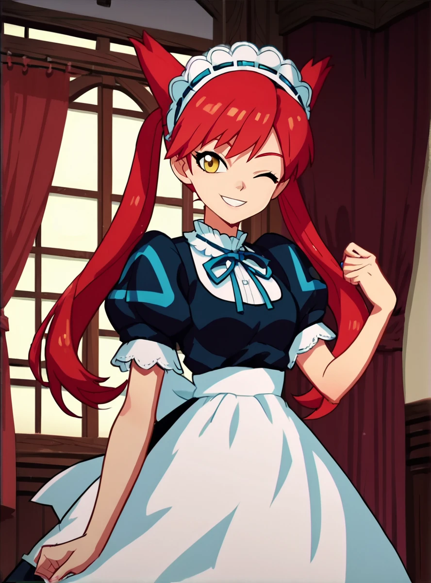 score_9, score_8_up, score_7_up, score_6_up, score_5_up, score_4_up source_anime,   anime screencap,   <lora:LAtiasAdventure:0.8>1girl, adventurelatias, solo, twintails, red hair, maid headdress, maid, smile, yellow eyes, long hair smile wink