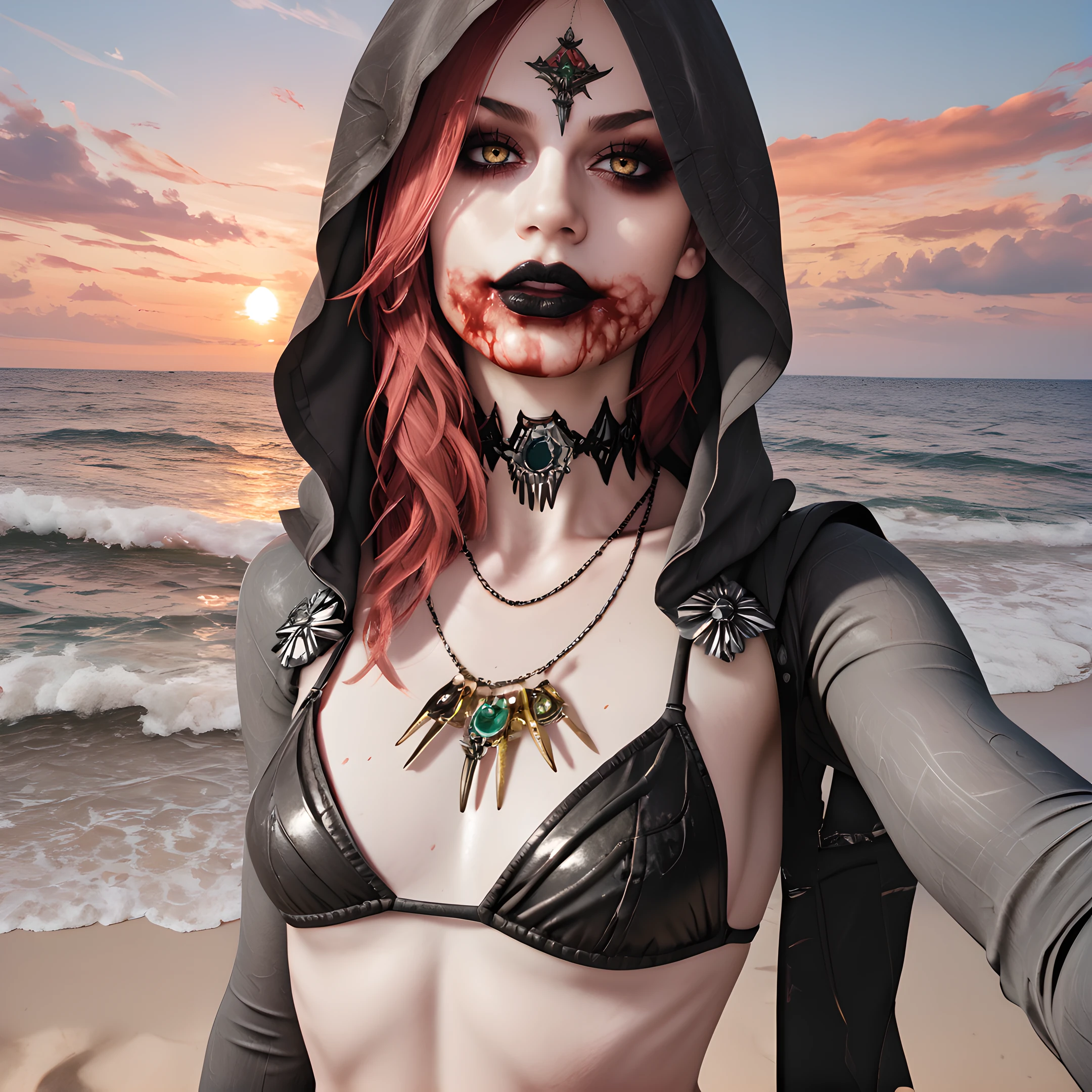 daniela, solo, 1girl, hood, jewelry, necklace, hood up, black lips, looking at viewer, long hair, blood, choker, red hair, yellow eyes, bloody mouth, <lora:Daniela_Dimitrescu_-_Resident_Evil_Village:0.9>
BREAK
level_9, level_8_up, level_7_up, level_6_up, level_5_up, source_cartoon, masterpiece 
BREAK
outdoor, beach, ocean, water, sunset, selfie, bikini, navel, small chest,