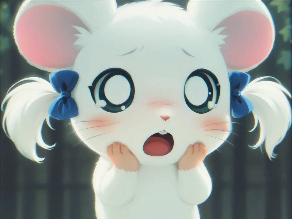 score_9, score_8_up, score_7_up, score_6_up, score_5_up, score_4_up, rating_safe, minimalist lineless art
 <lora:Hamtaro_SDXL:0.8>, Bijou, hamster, girl, black eyes, fur in the ears, pink nose, White body, white ears, pink arms, two pigtails, two blue bows, green highlights of the eyes, hands on face, mouth open, close-up, surprised, embarrassed, blush