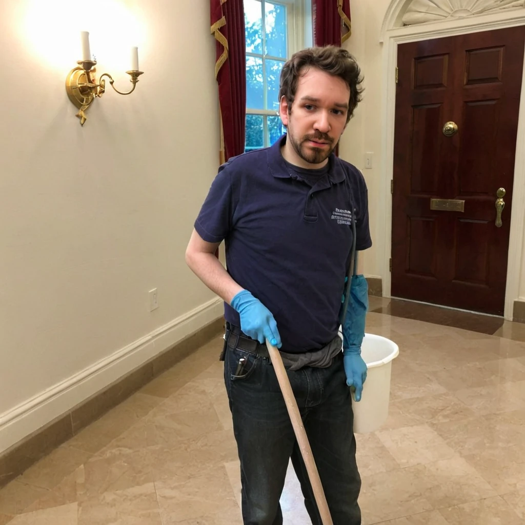 janitor,  cleaning white house, <lora:XL_destiny_v1:1>, seethingsteven, facial hair,