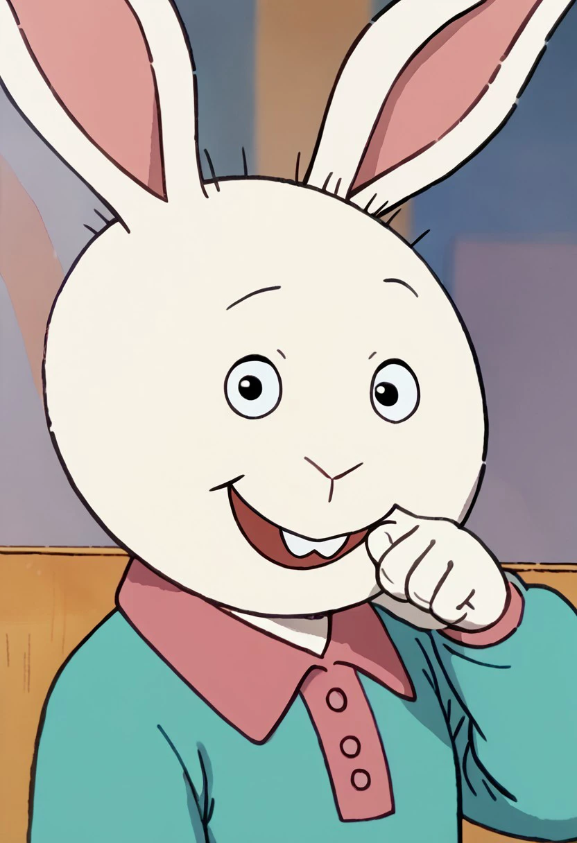 score_9, score_8_up, score_7_up BREAK BusterBax, 1boy, anthro bunny, white fur, white body, black eyes, buckteeth, pink-collared cyan long-sleeved polo shirt, jeans, red white shoes, smiling at viewer,
