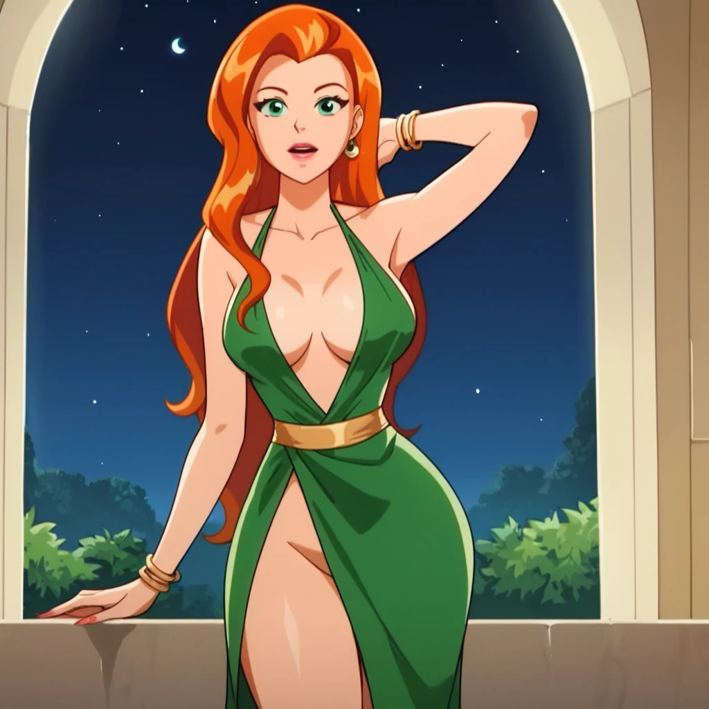 score_9, score_8_up, score_7_up, score_6_up, score_5_up, score_4_up, 1girl, long hair, orange hair, green eyes, large breasts, narrow waist, wide hips, looking at viewer, evening gown, jewelry, night, backless outfit, highres, masterpiece, high quality, <lora:Sam_2024:1>