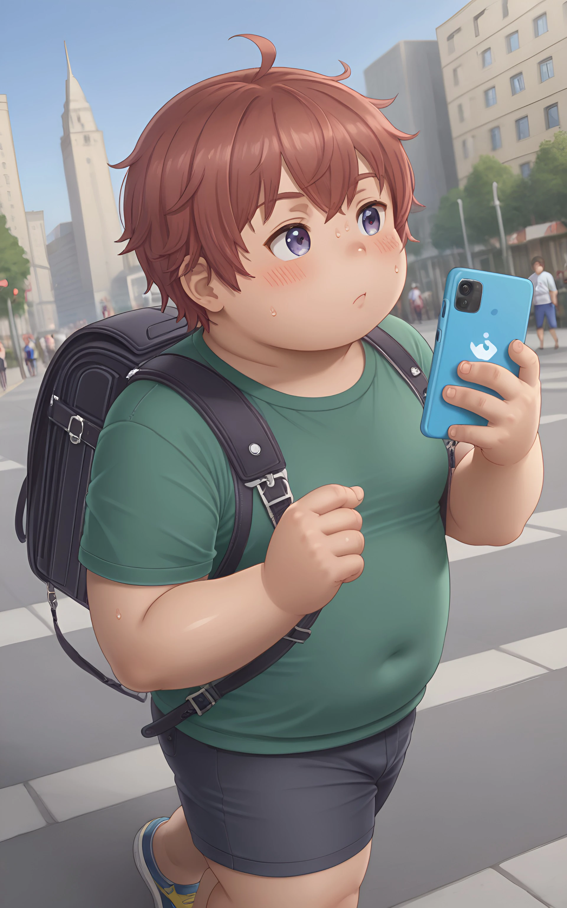 tamayuy0 art,1boy,walking,city background,from above, backpack,green shirt,short hair,,cute,score_9, score_7_up,sfw, solo, fat plump, outdoors, blush, public,sweat,dutch angle, lens distortion, blur,depth, masterpiece, photograph, camera effect, vignette, full body,walkway, looking afar, side view,holding one phone, red hair,