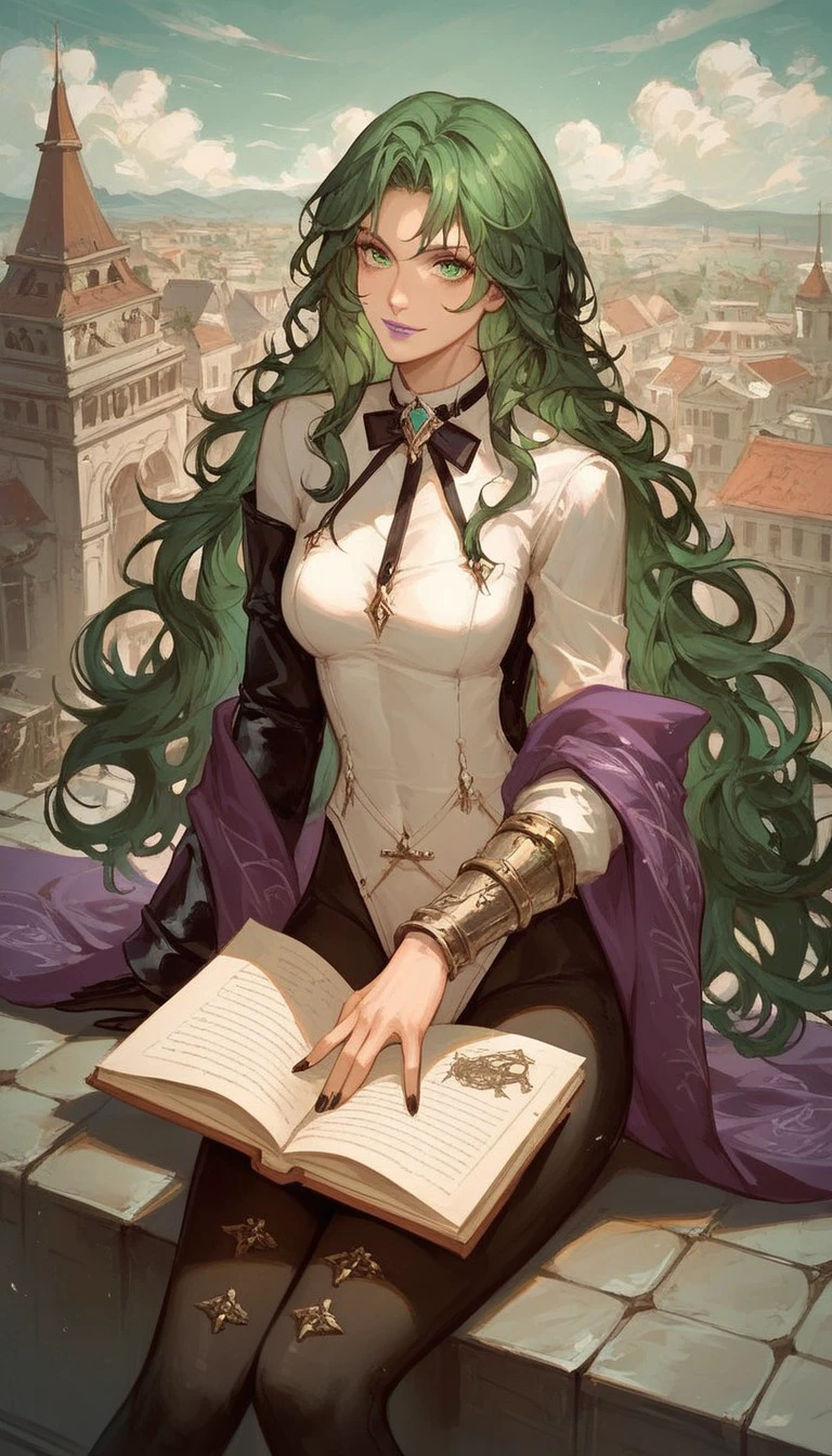 (score_9, score_8_up, score_7_up), (masterpiece), best quality, perfect face, (Perfect clear eyes), RavenPtn, Green hair, Very long hair, Parted bangs, Wavy hair, (Perfect Green eyes), Purple lips, Long fitted corset blouse, Bodysuit leggings, Shawl, Single arm bracer, Single elbow glove, black nails, (Asymmetrical arms), Sitting on a rooftop, reading a book, looking up at viewer