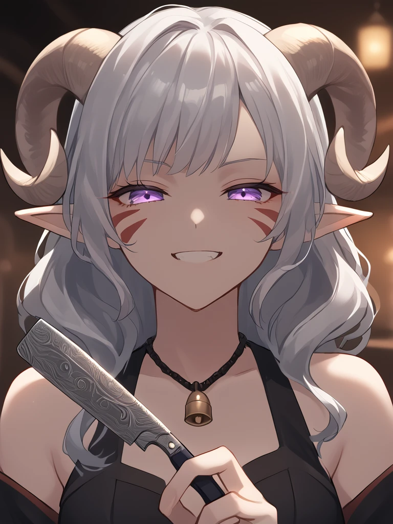 source_furry, score_7_up, rating_safe, cowboy shot, close up, source_anime,anime face,<lora:whisker_markings:0.8>red whisker_markings, silver long wavy hair, tavern, bell necklace, short pointy ears, purple eyes, <lora:age_slider_v4:0.6>
Razor_blade, holding Razor_blade,
<lora:Tieflingnew weird fantasyDND:0.3><lora:Smooth Style 2 SDXL_LoRA_Pony Diffusion V6 XL:0.3> smile, open eyes, 
<lora:Test_Diana:0.6> tiefling_bard_diana, <lora:INKxXmo shaded face:1> Shaded Face:1.2,INKxXmo Dark Theme,
 <lora:Razor_blade:1>