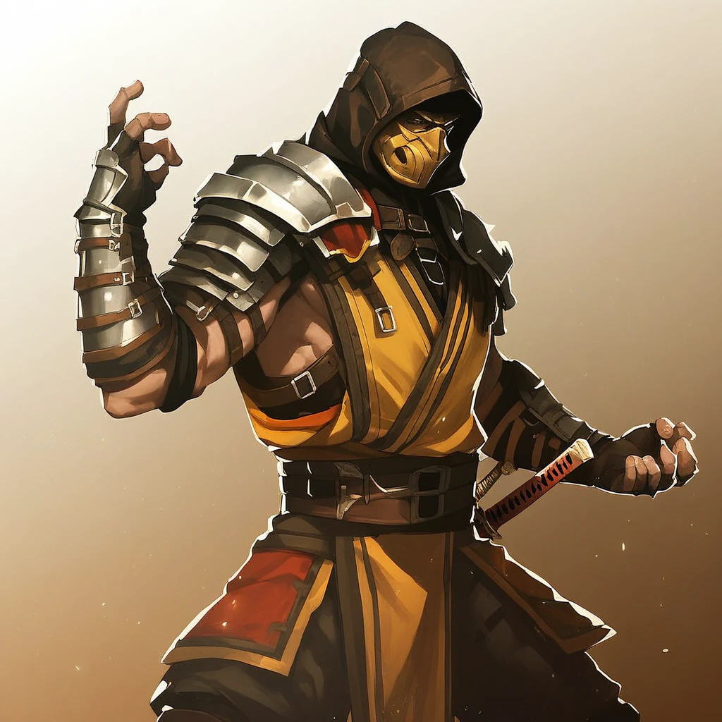 Mortal Kombat Style, solo, gloves, 1boy, weapon, male focus, cowboy shot, belt, sword, hood, fingerless gloves, armor, gradient, gradient background, mask, shoulder armor, gauntlets, sheath, hood up, pauldrons, sheathed, vambraces, single pauldron BREAK ,score_9, score_8_up, score_7_up, score_6_up, score_5_up, score_4_up,