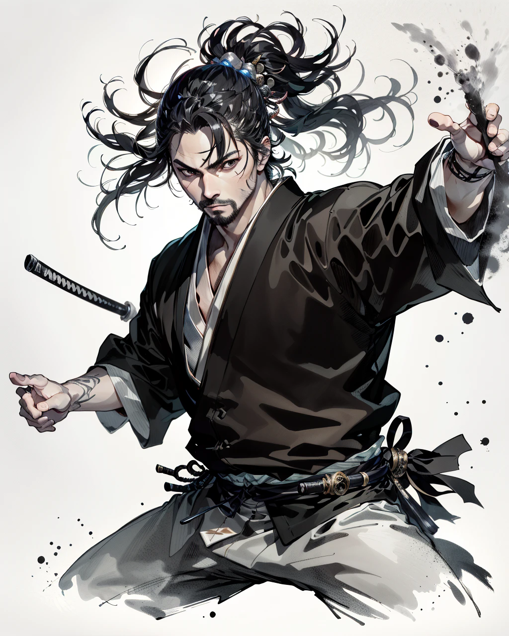 best quality,masterpiece,highly detailed,ultra-detailed,
<lora:neg9V2_last:0.7> <lora:vagabond:0.75> black eyes, japanese clothes, vagabond,, ink drawing, inkwash ,samurai,dynamic pose, hair ornament, facial hair, man,