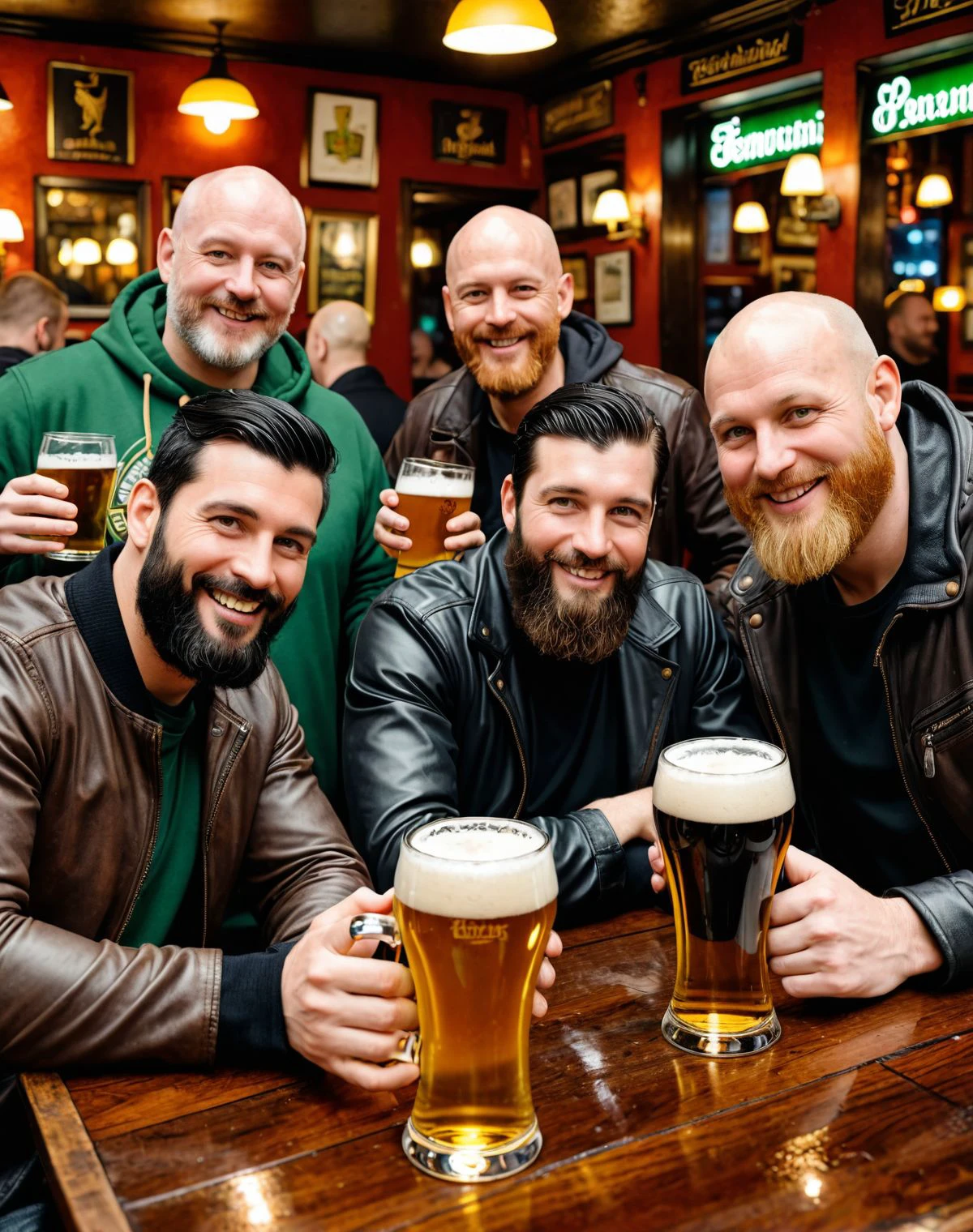 A black haired man, a blonde man, and a bald man with a beard enjoying beers at an Irish Pub on Germany on a rainy Sunday evening