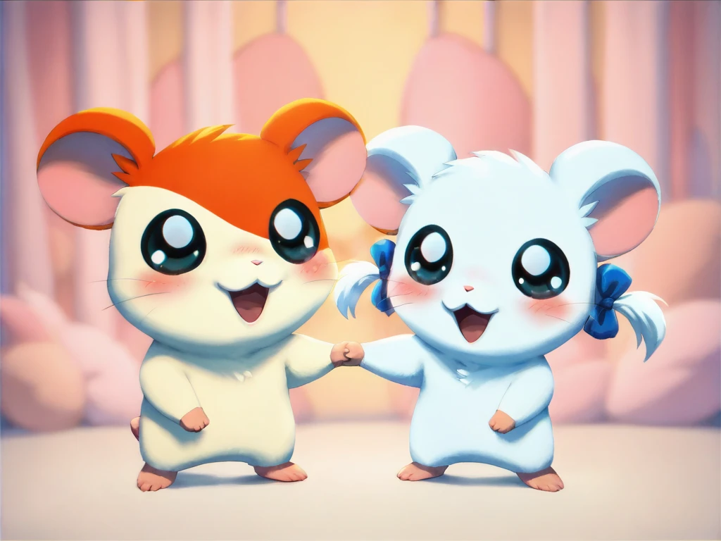 score_9, score_8_up, score_7_up, score_6_up, score_5_up, score_4_up, rating_safe, minimalist lineless art
 <lora:Hamtaro_SDXL:0.8>, duo, Hamtaro and Bijou, hamster, 1boy, 1girl, fur in the ears, pink arms, pink legs, pink tail, black eyes, glare in the eyes, pink nose, mouth open, blushes, white braids, blue bows on braids, holding hands, standing, detailed background, NSFW, e621