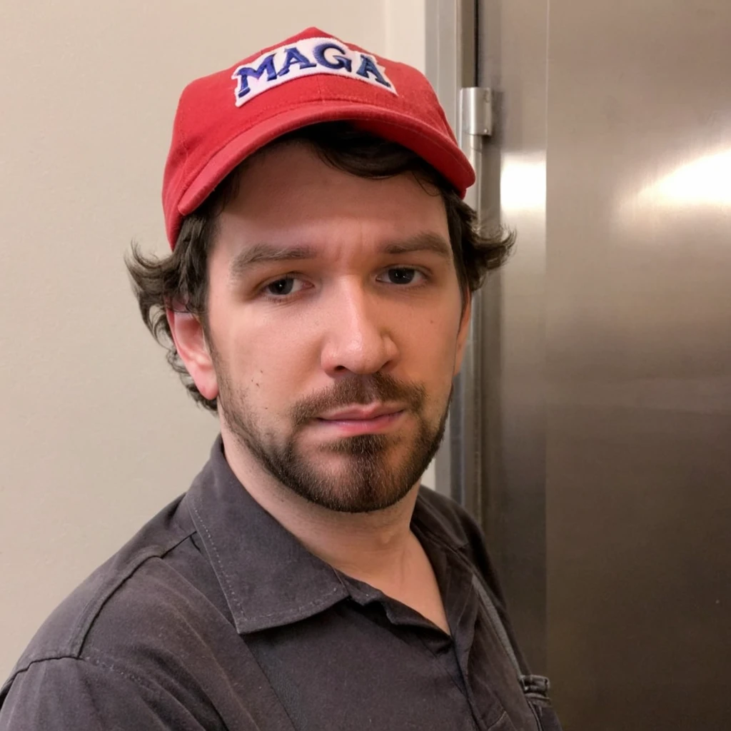 janitor,  wearing  MAGA hat, <lora:XL_destiny_v1:1>, seethingsteven, facial hair,