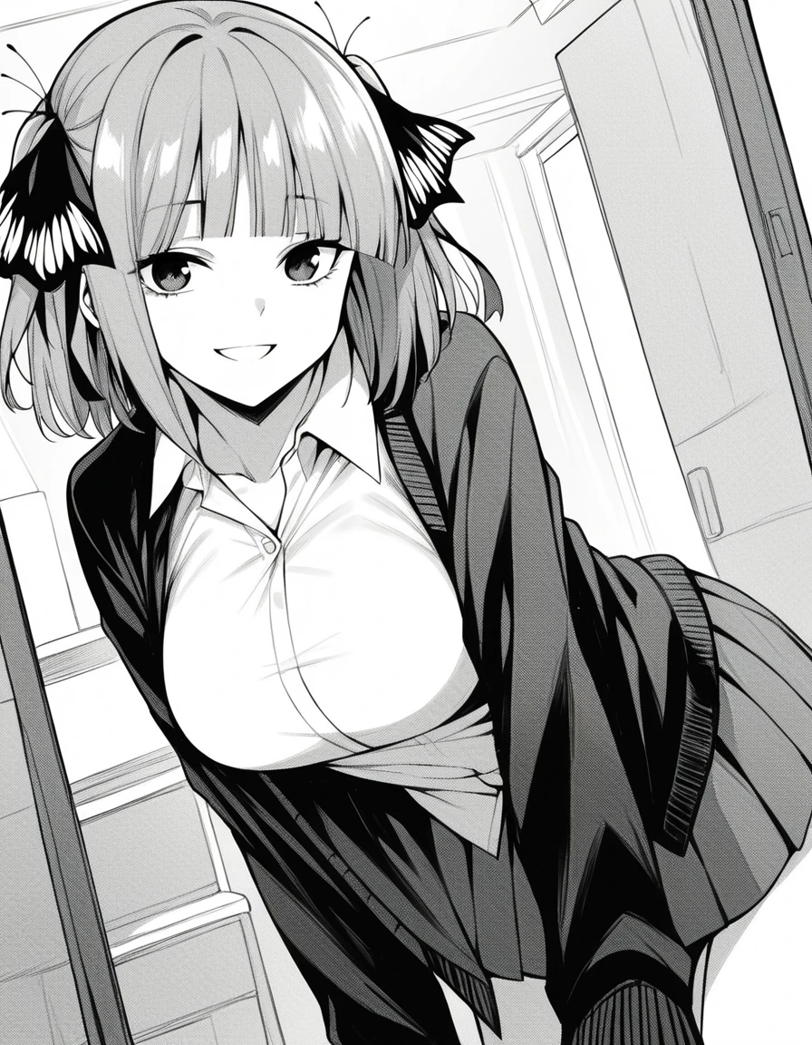 monochrome,greyscale,comic, fight pose,
(best quality, masterpiece, RAW photo,ultra-detailed:1.2),1girl,solo,looking at viewer,smile,