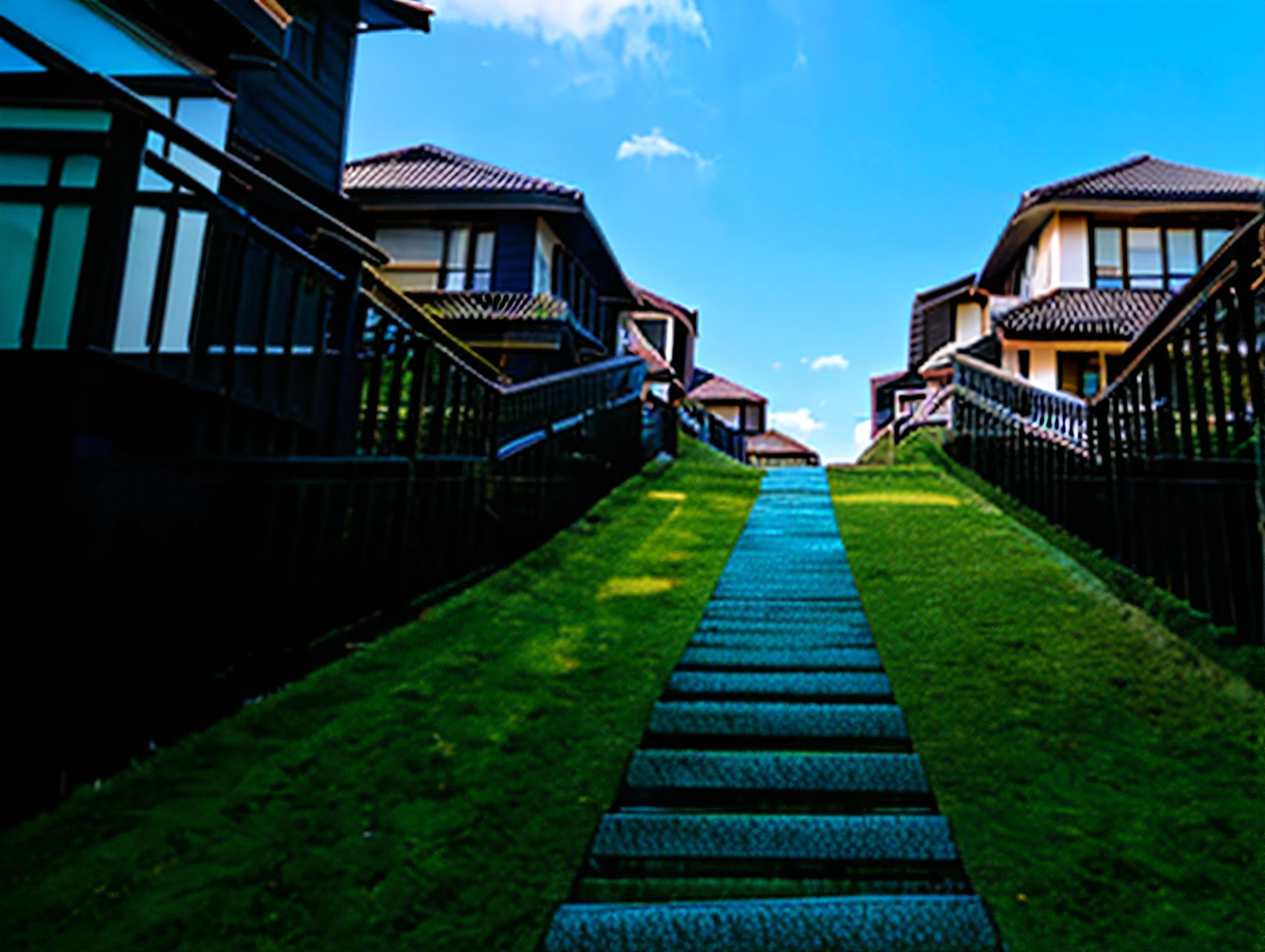 scenery, outdoors, sky, day, stairs, blue sky, building, house, grass, hbladx , <lora:hBladX-000012:1>