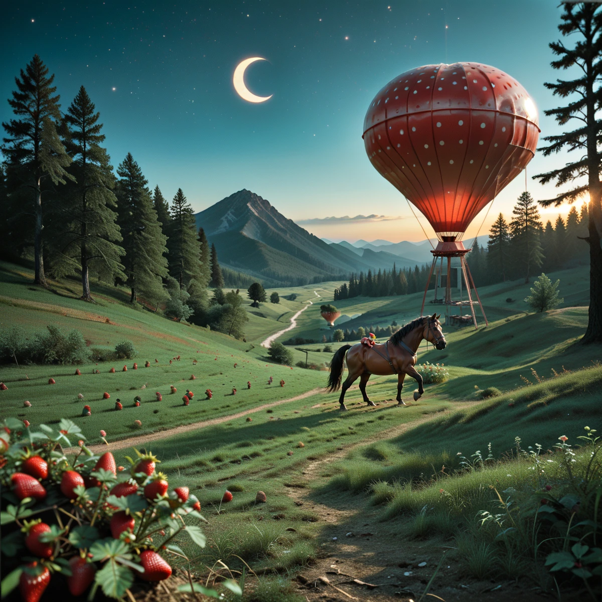 <lora:Strawberrify-000017:0.5:0.33> score_9, score_8_up, rating_safe, trees made of strawberry, straw-berry-made horse, oil painting, rembrandt lighting, masterpiece, epic, intricate details, sharp focus, picturesque landscape, made of strawberries, world is transformed into a strawberry-themed landscape. Cowboys riding horses at fallout wastelands with spring green oasis mirage.
BREAK a captivating and imaginative world, landscape is dotted with mushrooms entirely made of strawberries, a large tentacle-like creature, hot air balloon, strawberry-themed elements, unique texture and a sense of depth, lighting is a masterful blend of natural and artificial sources, sun casting a warm glow over the horizon and the night sky illuminated by stars and a crescent moon. 
BREAK cinematic color grading, harmonious blend of cool blues and purples, warm oranges and yellows near the horizon, inviting atmosphere, a magical realm where the boundaries of reality are blurred.